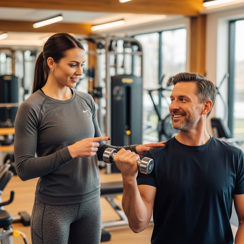 Friendly coach demonstrating exercise form to a smiling beginner